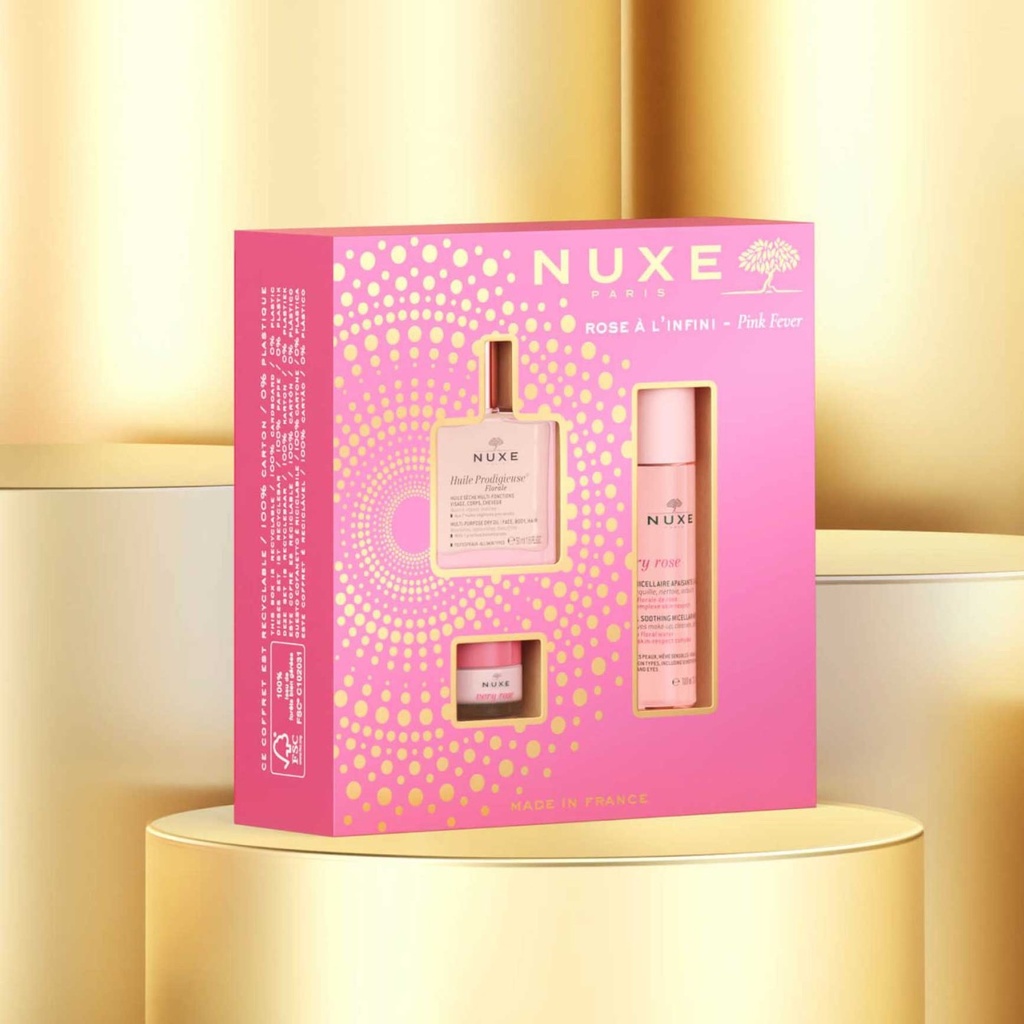 NUXE Coffret Rose Infini - Huile prodigieuse florale 50ml + Very rose eau micellaire 100ml + Baume lèvres 15g