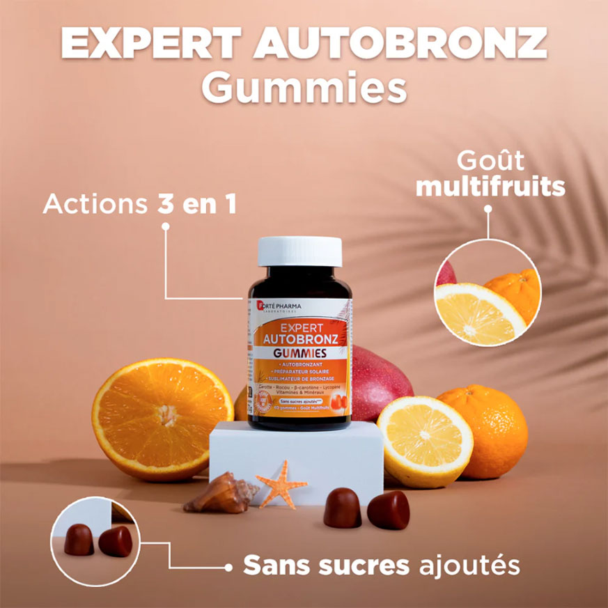 FORTE PHARMA Expert Autobronz Gummies - Complément alimentaire autobronzant, préparateur solaire, sublimateur de bronzage - 60 gommes
