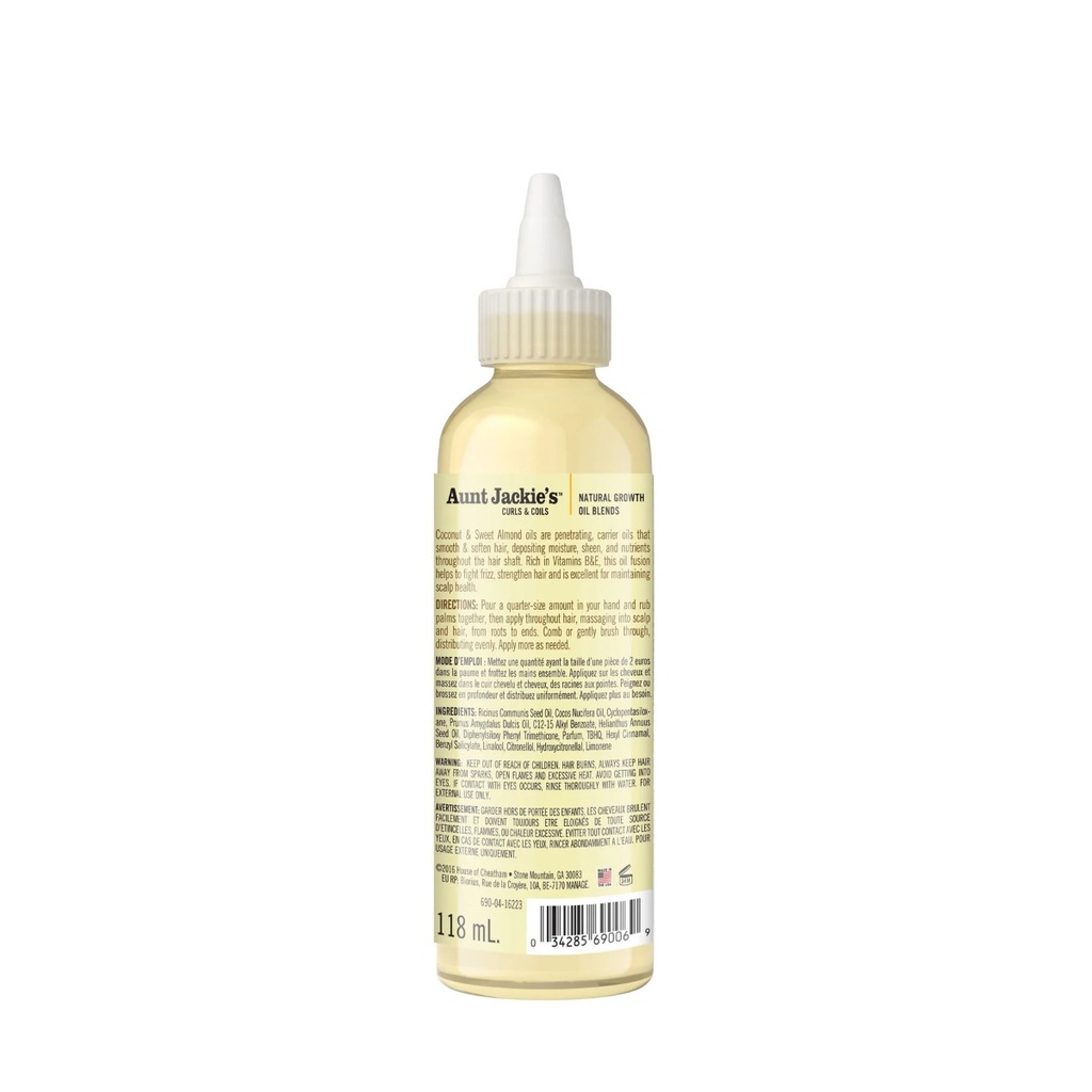 AUNT JACKIE'S Growth Oil Frizz Rebel Coconut & Sweet Almond - Huile capillaire lissante adoucissante pour cheveux frisottés - 118ml