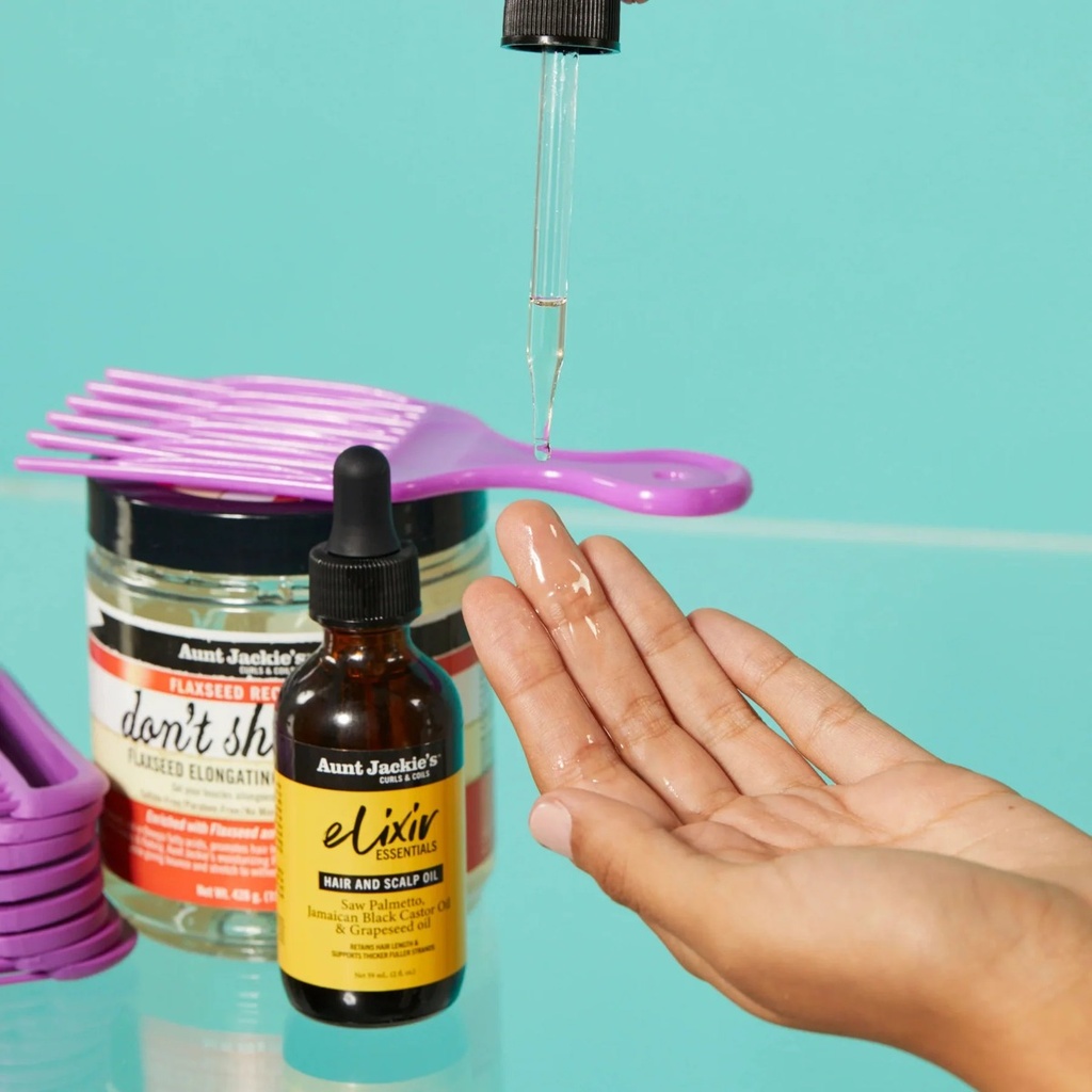 AUNT JACKIE'S Elixir Essentials Saw Palmetto & Jamaican Black Castor Hair & Scalp Oil - Huile capillaire légère fortifiante nourrissante pour tous types de cheveux - 59ml