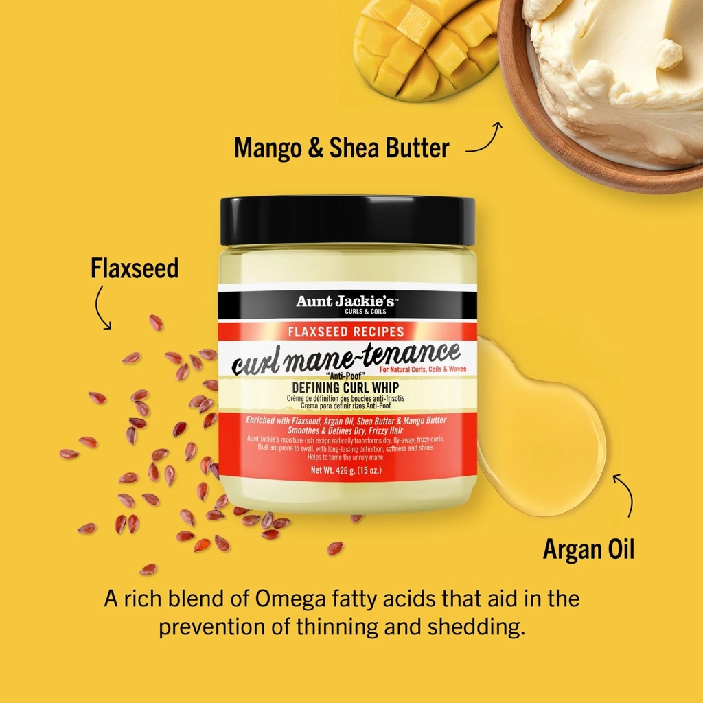 AUNT JACKIE'S Flaxseed Curl Mane-Tenance Defining Curl Whip "Anti-Poof" - Crème coiffante légère définissante hydratante pour cheveux bouclés et frisés - 426g