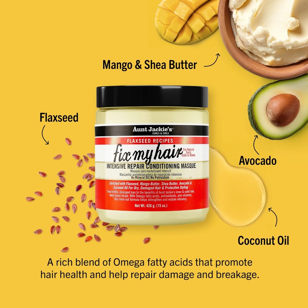 AUNT JACKIE'S Fix My Hair Intensive Repair Conditioning Masque - Masque réparateur intensif nourrissant fortifiant pour cheveux secs et abîmés - 426g