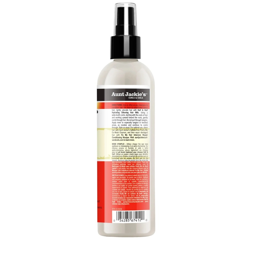 AUNT JACKIE'S Half & Half Hydrating Silkening Hair Milk - Lait sans rinçage démêlant fini soyeux pour cheveux très secs cassants ou rêches - 355ml