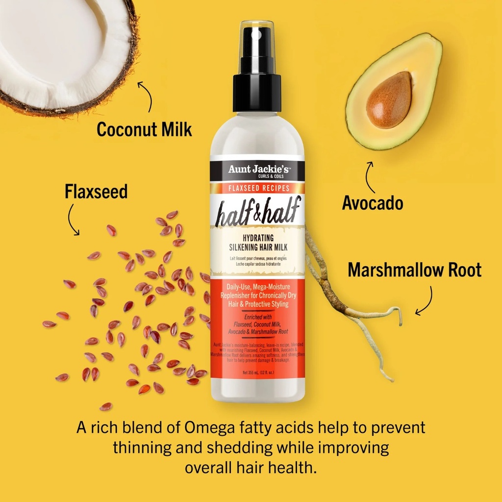 AUNT JACKIE'S Half & Half Hydrating Silkening Hair Milk - Lait sans rinçage démêlant fini soyeux pour cheveux très secs cassants ou rêches - 355ml