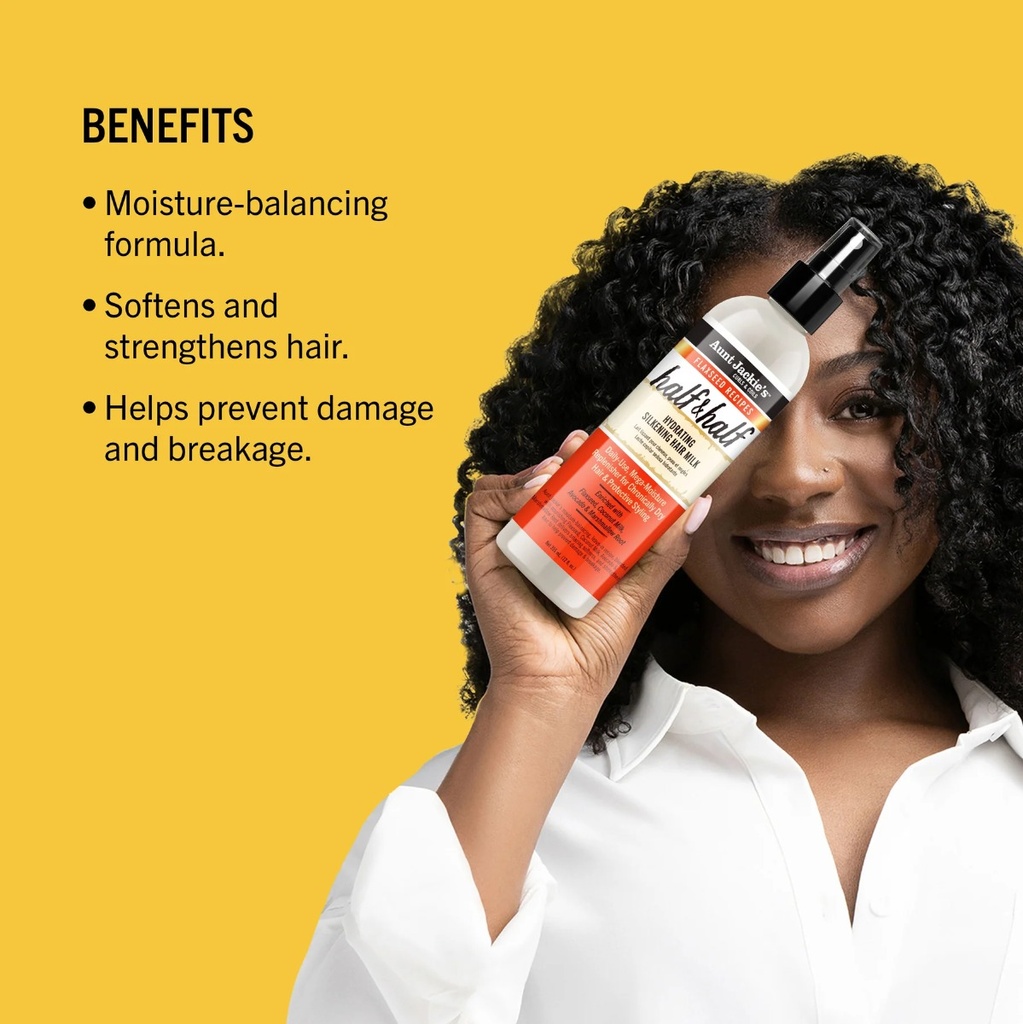 AUNT JACKIE'S Half & Half Hydrating Silkening Hair Milk - Lait sans rinçage démêlant fini soyeux pour cheveux très secs cassants ou rêches - 355ml