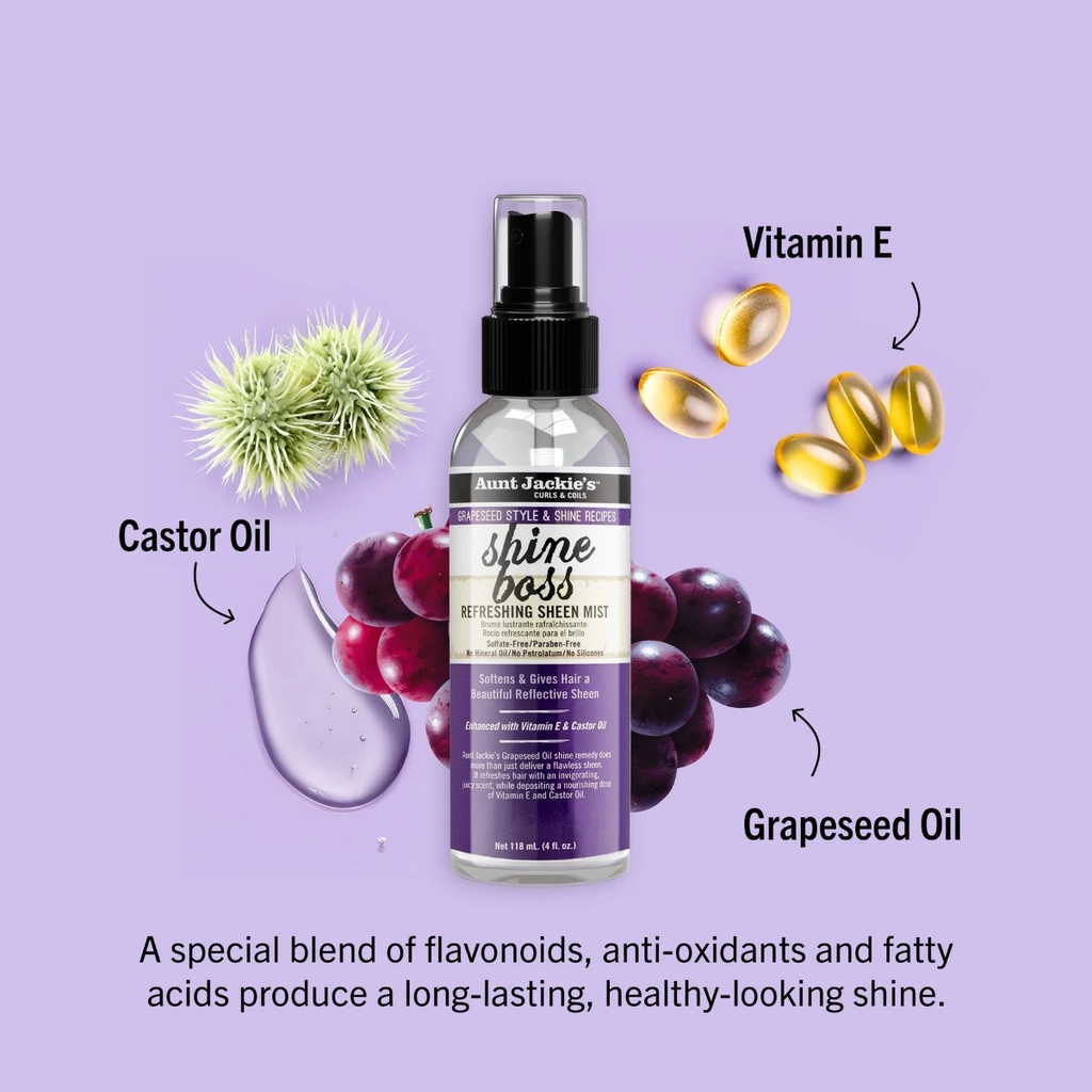 AUNT JACKIE'S Grapeseed Shine Boss Refreshing Sheen Mist - Brume légère illuminatrice hydratante pour tous types de cheveux - 118ml