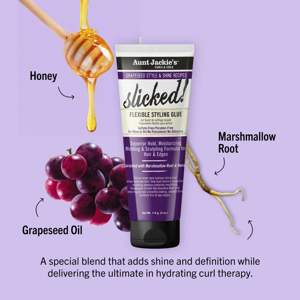 AUNT JACKIE'S Grapeseed Slicked! Flexible Styling Glue - Gel coiffant flexible fixation forte sans résidus - 113g