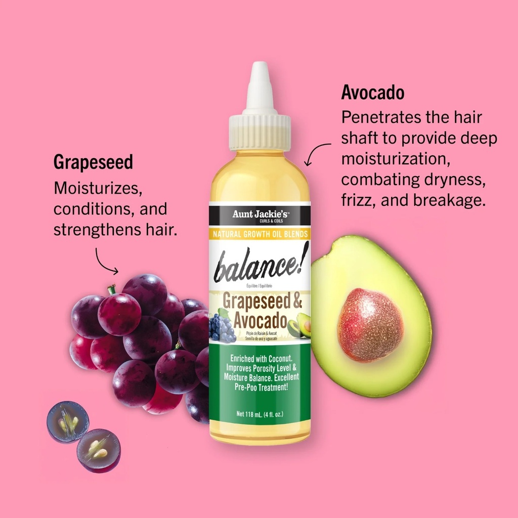 AUNT JACKIE'S Growth Oil Balance Grapeseed & Avocado - Huiles revitalisante anti-casse tous types de cheveux - 118ml