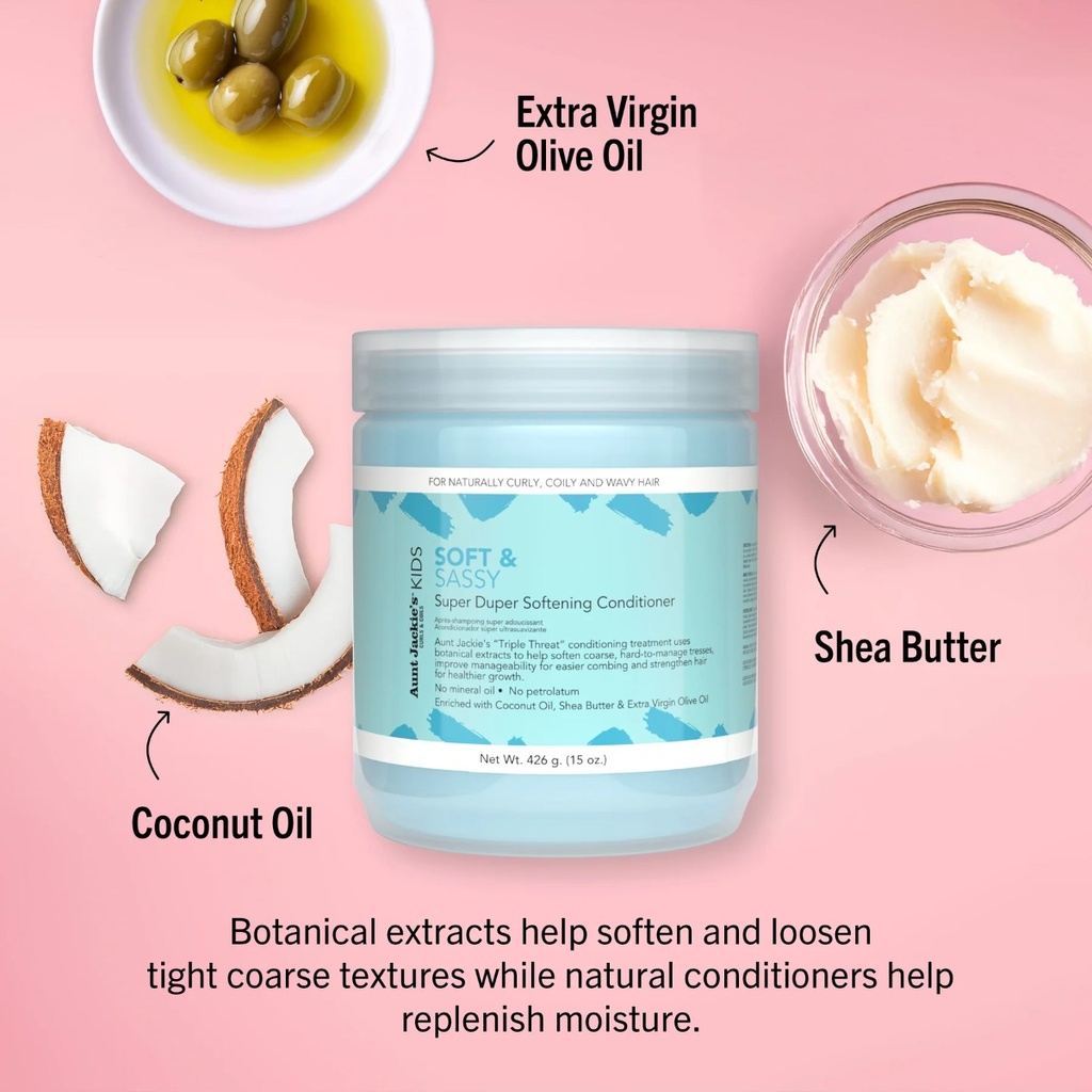 AUNT JACKIE'S KIDS Soft & Sassy Super Duper Softening Conditioner - Après-shampooing ultra-adoucissant hydratant démêlant pour cheveux difficiles à coiffer - 426g
