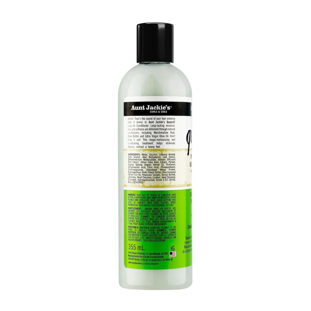 AUNT JACKIE'S Quench Moisture Intensive Leave-In Conditioner - Soin sans rinçage ultra-hydratant adoucissant pour cheveux secs assoiffés - 355ml