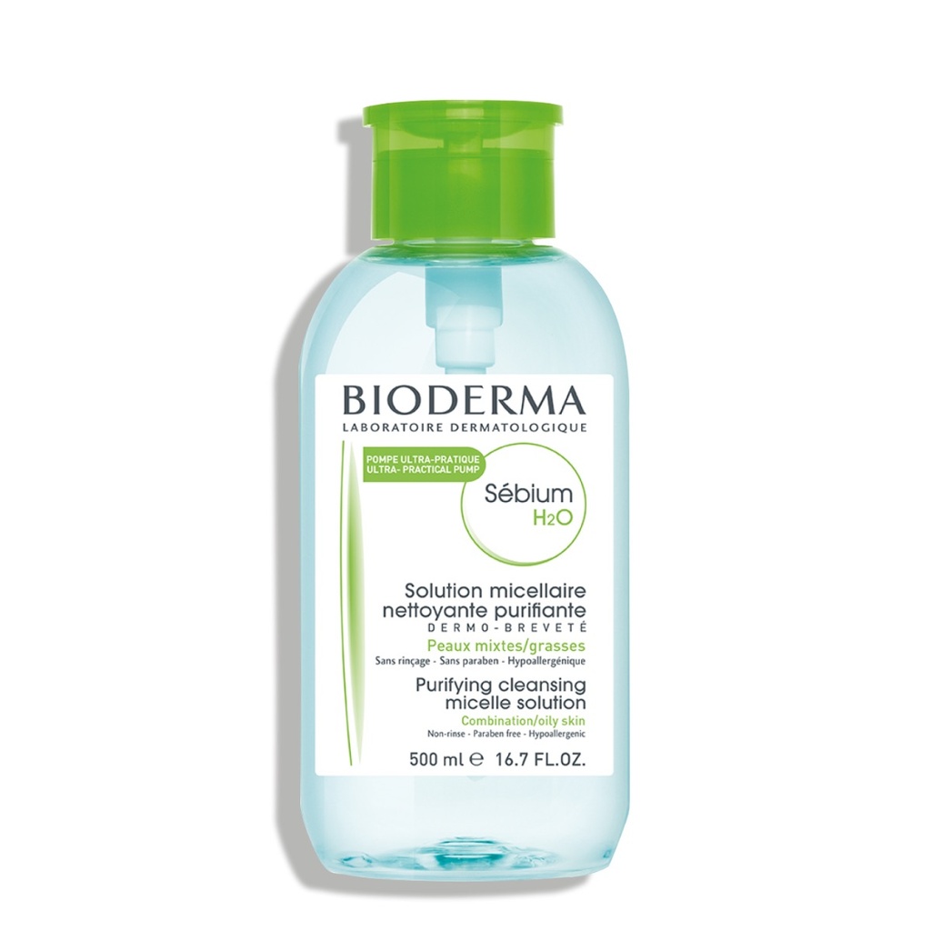 BIODERMA Sébium H²O - Solution micellaire purifiante nettoyante pour peaux mixtes à grasses pompe inversée - 500ml