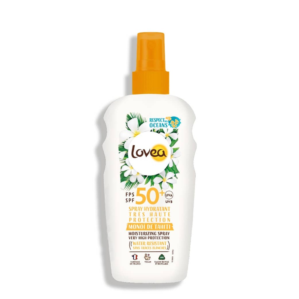 LOVEA Monoï de Tahiti  - Spray solaire hydratant très haute protection SPF50 pour le visage et le corps, résistant à l'eau - 150ml