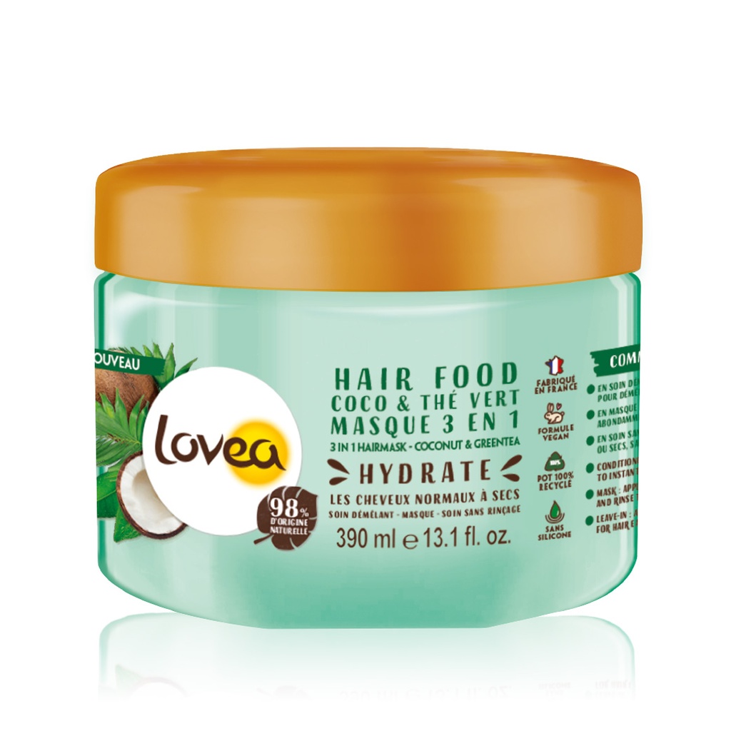 LOVEA Coco & Thé Vert  - Hair Food masque hydratant pour tous types de cheveux, ingrédients 98% origine naturelle - 390ml