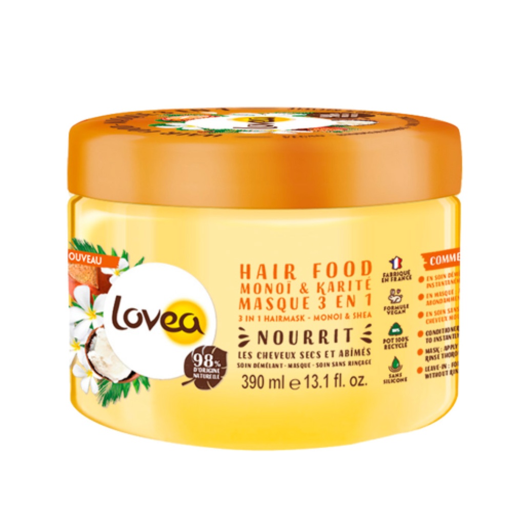 LOVEA Monoï & Karité - Hair Food masque nourrissant pour cheveux secs et abîmés, ingrédients 98% origine naturelle - 390ml