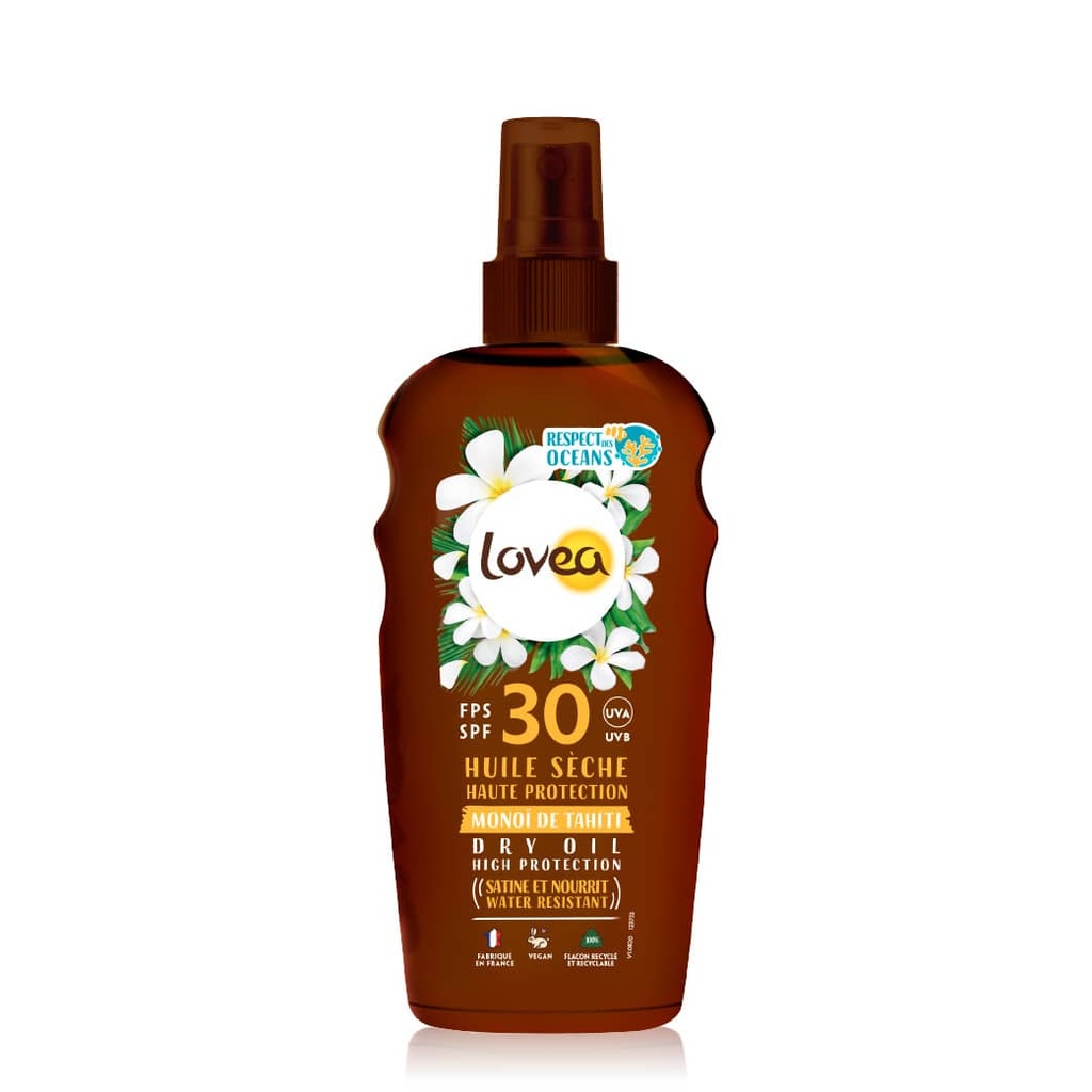 LOVEA Monoï de Tahiti  - Huile sèche satinante, nourrissante pour le corps, résistante à l'eau - 150ml