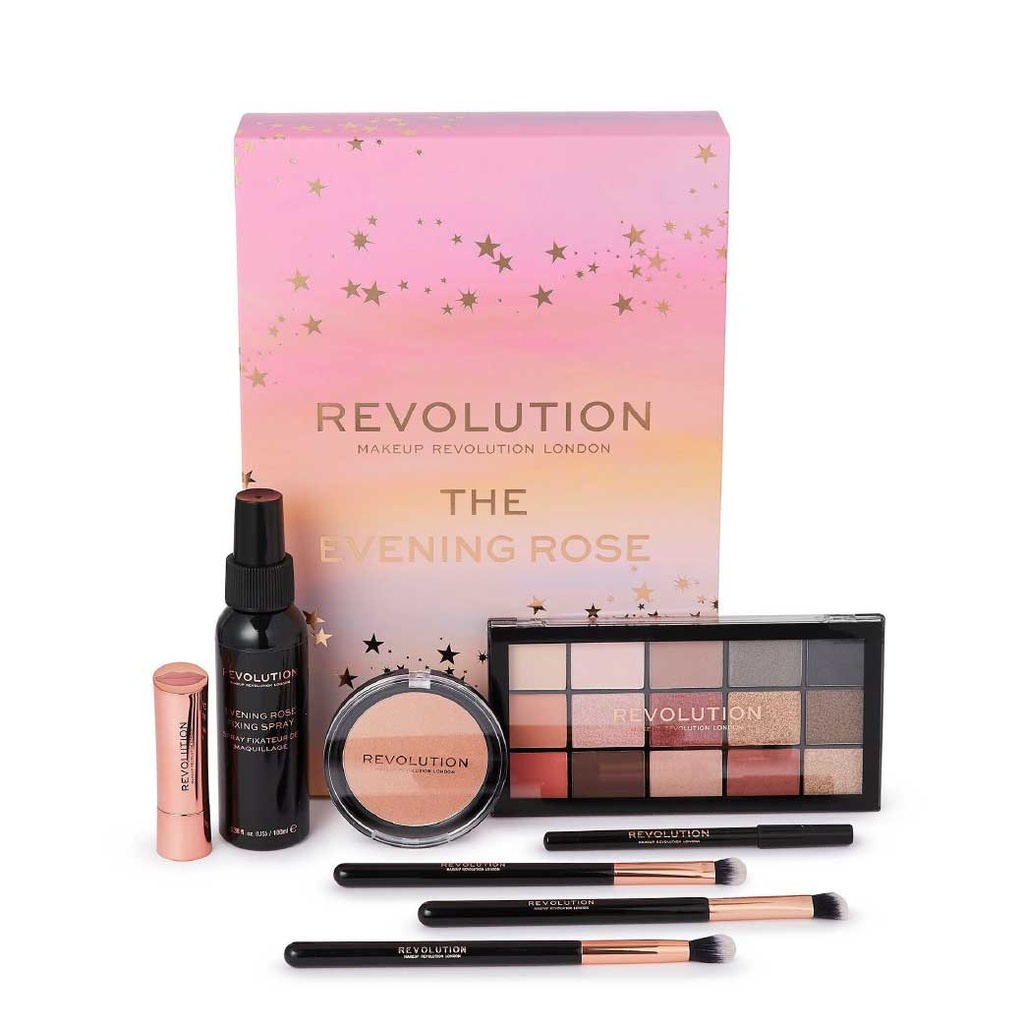 REVOLUTION The Evening Rose - Coffret makeup Palette de fards +Set pinceaux pour les yeux + Rouge à lèvres + Illuminateur + Spray fixateur + Crayon eyeliner