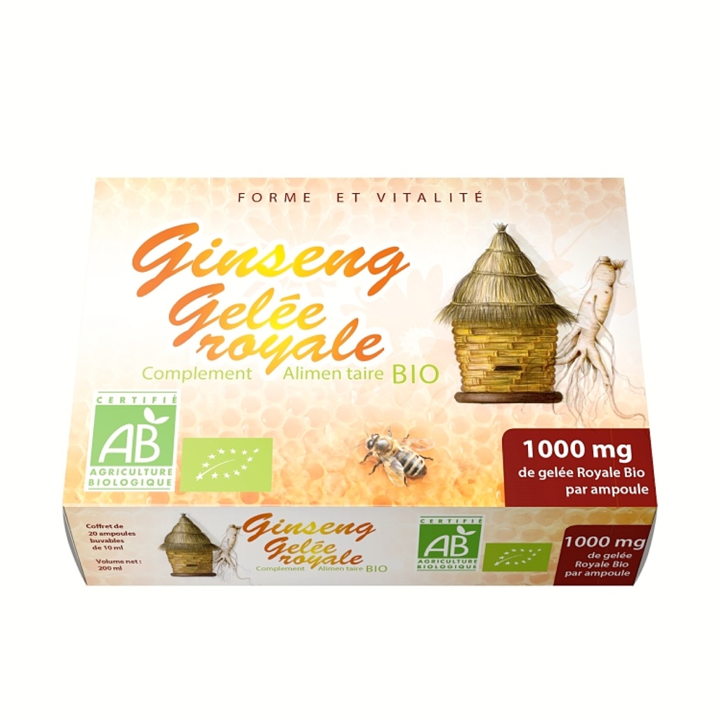 GPH Diffusion Ginseng Gelée Royale BIO - Complément alimentaire Produits de la ruche / Défenses immunitaires / Forme et vitalité - 20 ampoules