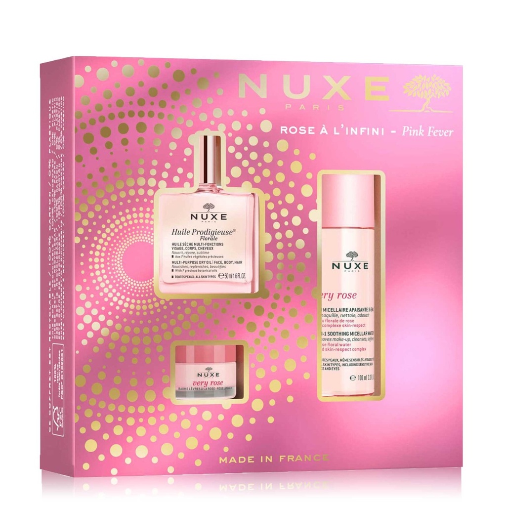 NUXE Coffret Rose Infini - Huile prodigieuse florale 50ml + Very rose eau micellaire 100ml + Baume lèvres 15g
