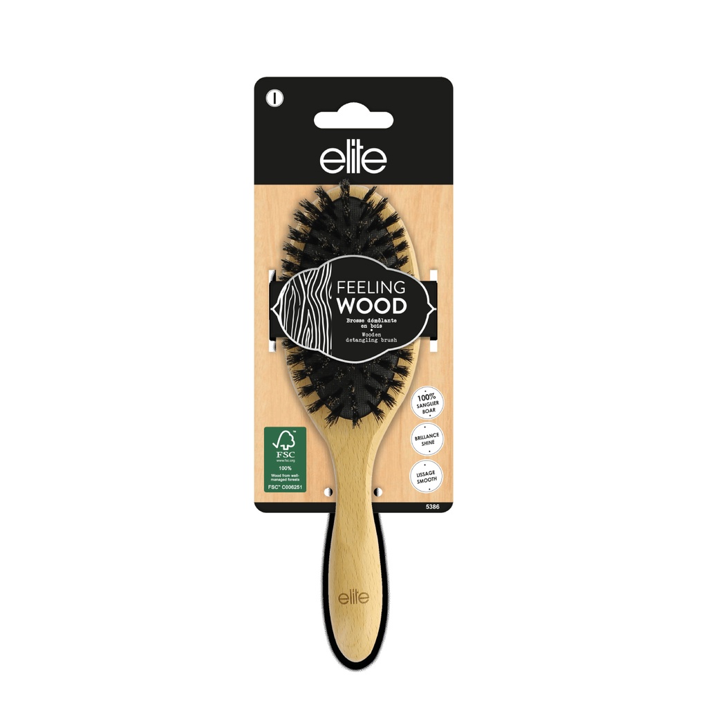 ELITE Feeling Wood - Brosse démêlante en bois, avec picots en nylon
