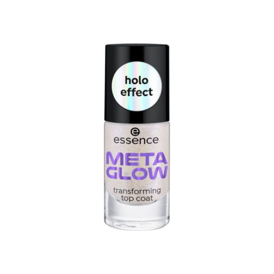ESSENCE Meta Glow Transforming Top Coat - Vernis de finition argenté semi-transparent et bleu duochrome