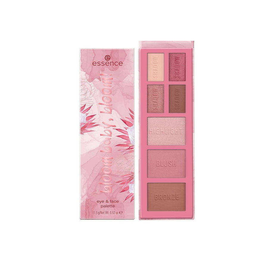 ESSENCE Bloom Baby, Bloom! Eye & Face Palette - Palette yeux et visage enlumineur, bronzeur, fards à joues et 4 nuances fards à paupières