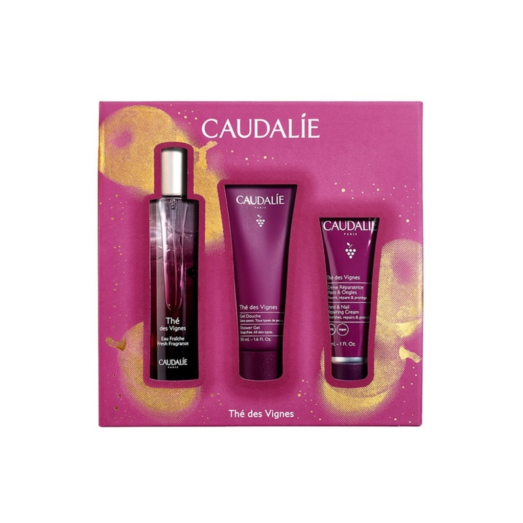 CAUDALIE Coffret Thé des Vignes - Eau Fraîche parfumante 50ml + Gel Douche 50ml + Crème Réparatrice Mains & Ongles 30ml - Édition Noël 2024