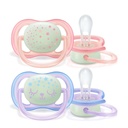 AVENT Ultra Air Night - Lot de 2 sucettes nuit avec pastille phosphorescente 0 à 6 mois - Fille