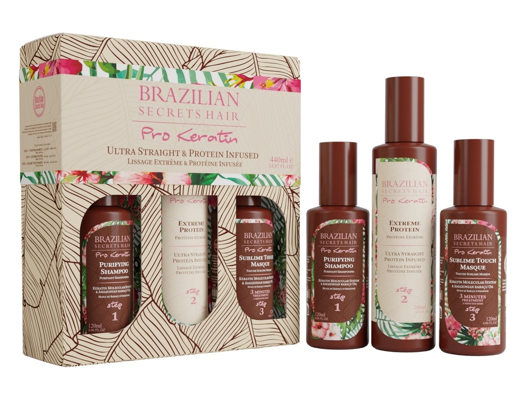 BRAZILIAN SECRETS HAIR Extreme Protein Kit - Kit professionnel de lissage à la protéine lissant adoucissant pour cheveux frisés crépus - 440ml