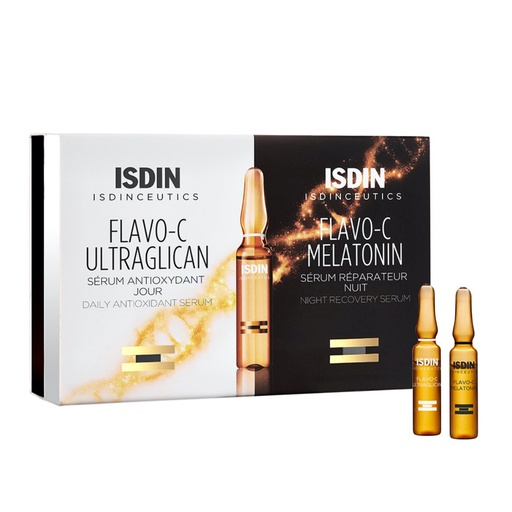 [ISDN88.SAO195A] ISDIN Isdinceutics Flavo-C Ultraglican + Melatonin - Sérum anti-oxydant jour 10 ampoules de 2ml + Sérum réparateur nuit 10 ampoules de 2ml