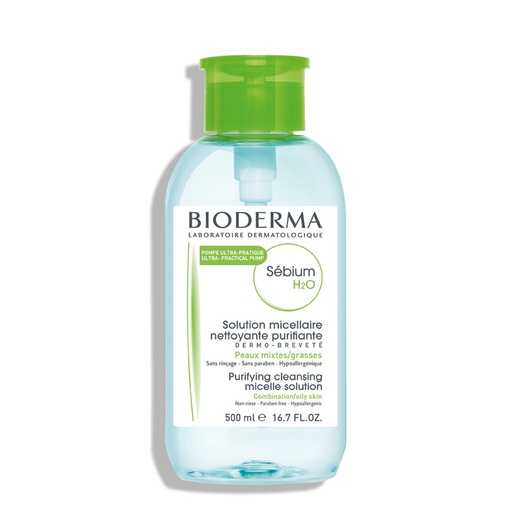 [BDRP28.SMI500] BIODERMA Sébium H²O - Solution micellaire purifiante nettoyante pour peaux mixtes à grasses pompe inversée - 500ml