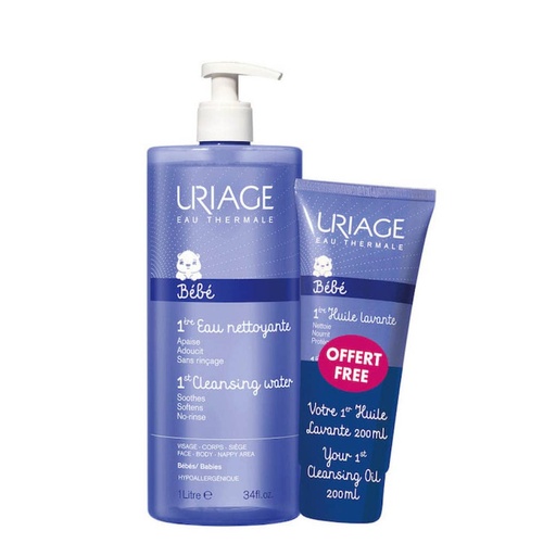 [URG15A.EAU500A] URIAGE 1ère Eau Nettoyante + Huile Lavante Offerte - Nettoyant sans rinçage, pour le visage, le corps et le siège de bébé - 1000ml