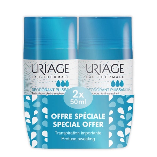 [URG11A.DER050A] URIAGE Déodorant Puissance 3 - Déodorant roll-on anti-odeurs anti-transpirant efficacité 24h pour peaux sensibles - 2x50ml