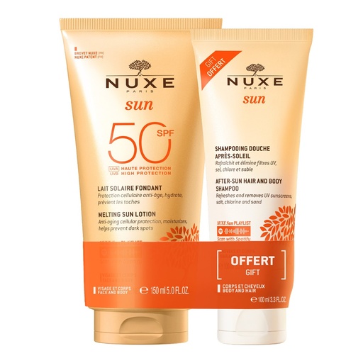 [S00012439] NUXE Sun - Lait solaire fondant SPF50 150ml + Shampooing douche après-soleil 100ml Offert