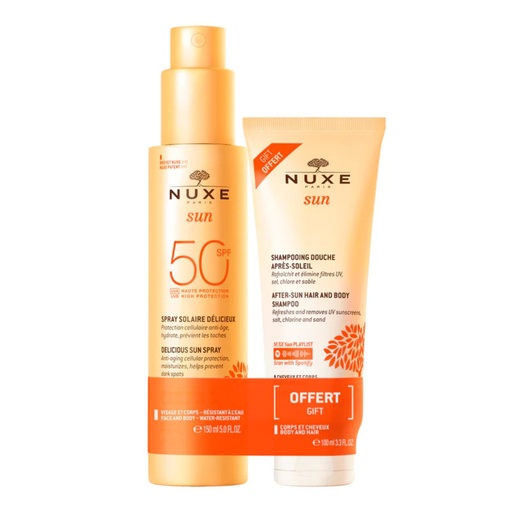 [S00012441] NUXE Sun - Spray solaire délicieux SPF50 haute protection 150ml + Shampooing douche après soleil 100ml Offert