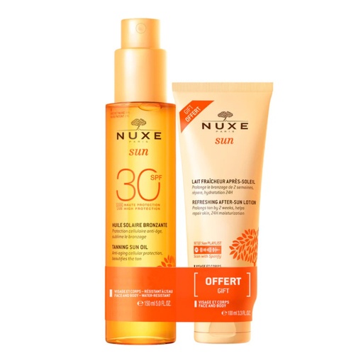 [S00012436] NUXE Sun Duo - Huile solaire bronzante SPF30 visage et corps 150ml + Lait fraîcheur après-soleil 100ml Offert