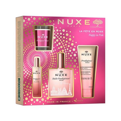 [S00012390] NUXE Coffret La Fête en Rose Prodigieuse Florale - Gelée douche parfumée 100ml + Huile 100ml + Le parfum 15ml + Bougie