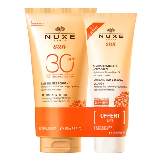 [S00012437] NUXE Sun Duo - Lait solaire fondant SPF30 haute protection visage et corps 150ml + shampooing douche après-soleil cheveux et corps 100ml Offert