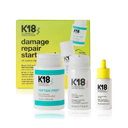 [S00004648] K18 Damage Repair Starter Set - Kit de soin capillaire réparateur anti-frisottis en 3 étapes (Shampooing 53ml + Masque 50ml + Huile 10ml)