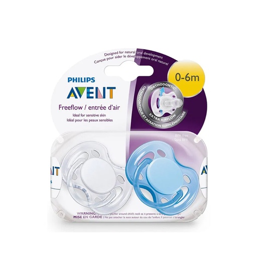 [AVEB14.EA0002] AVENT FreeFlow - Lot de 2 sucettes avec entrée d'air peaux sensibles 0 à 6 mois