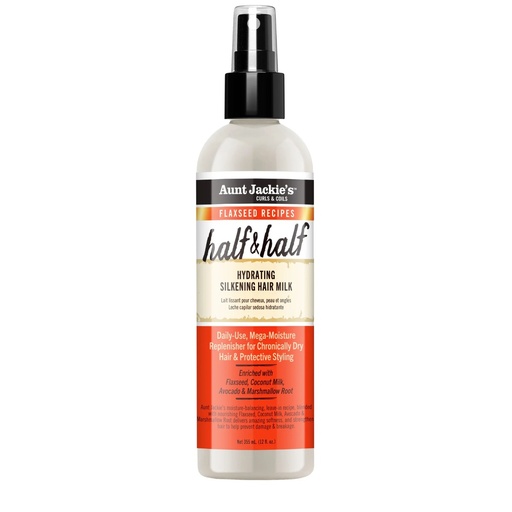 [S00031309] AUNT JACKIE'S Half & Half Hydrating Silkening Hair Milk - Lait sans rinçage démêlant fini soyeux pour cheveux très secs cassants ou rêches - 355ml